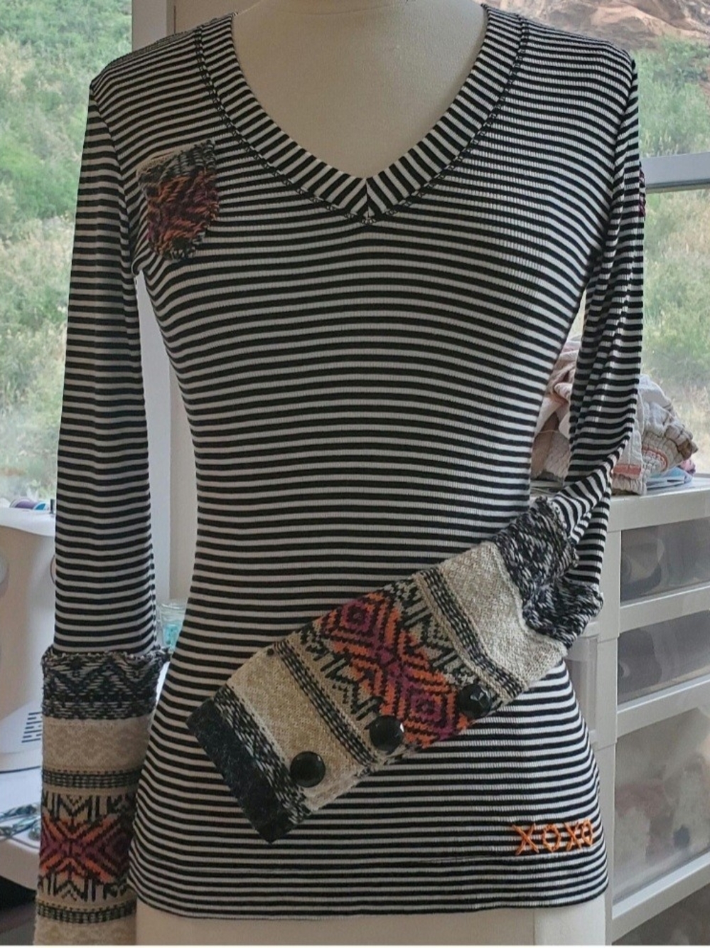 Striped Black & White Long Sleeve with Colorful Embroidered Sweater Sleeves